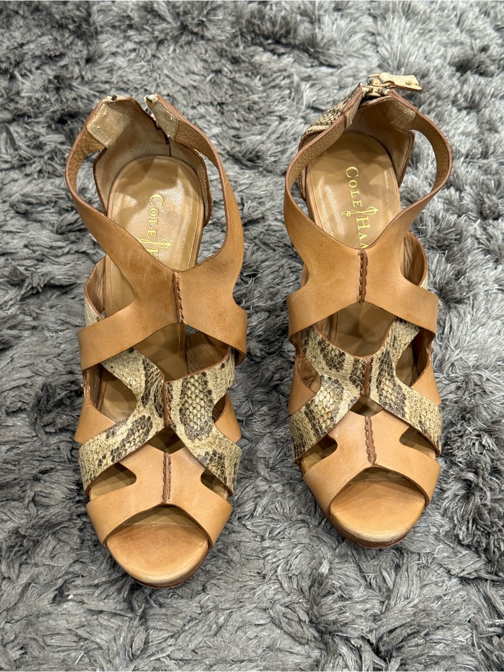 Cole Haan Air Kimry Nudge Tan Beige Leather Snake Print Wedge Sandals Shoes